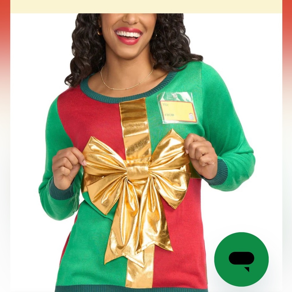 Tipsy Elves Green and Red Sweater with Gold Bow